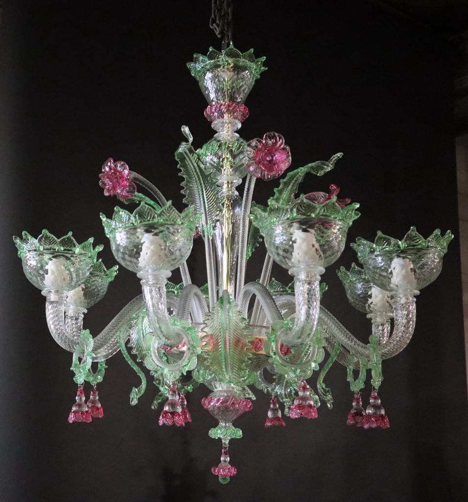 Murano-glass chandelier, green and pink