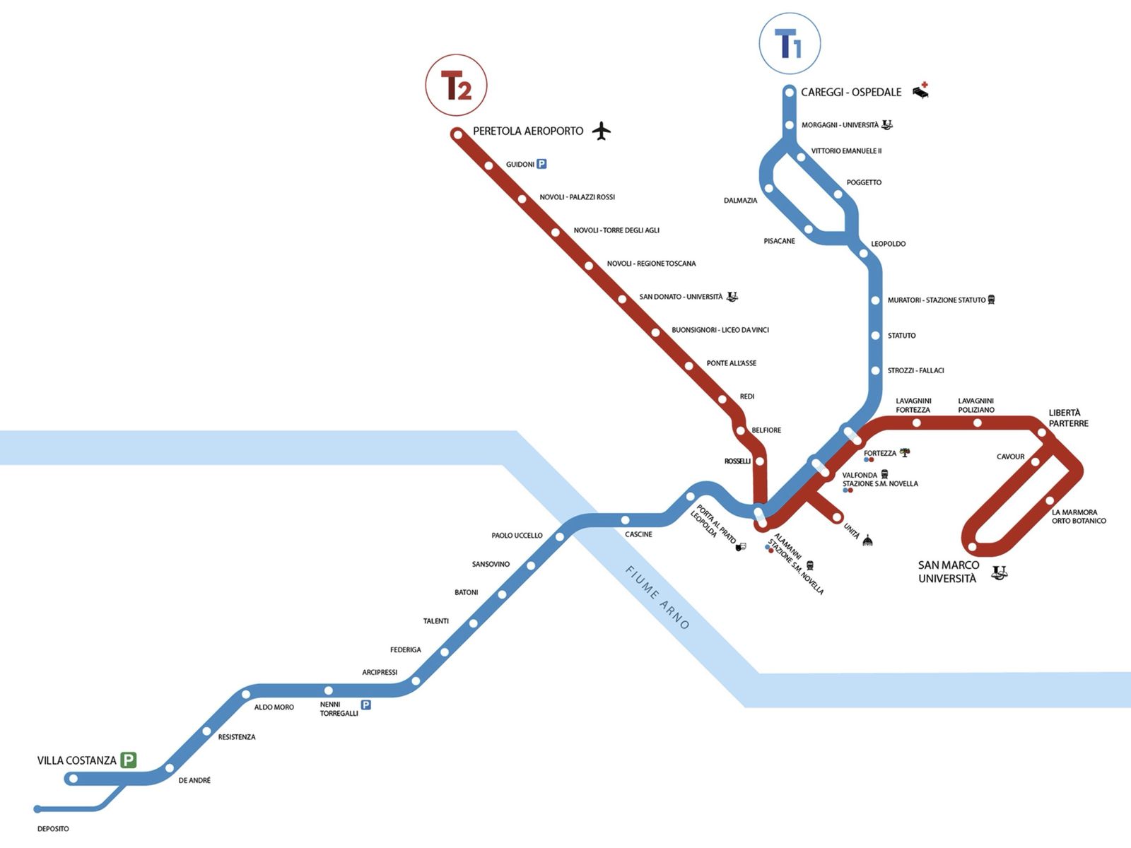 Map of the Florence tram lines T1 and T2
